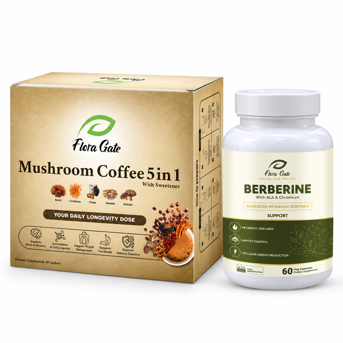 Flora Gate Mushroom Coffee 5-in-1 with Sweetener + Berberine with ALA & Chromium Combo — 15% Off