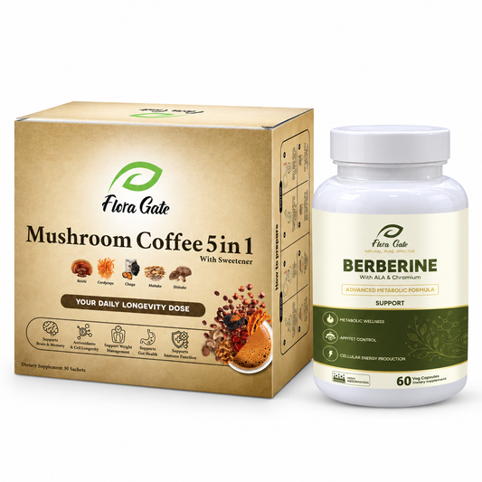 Flora Gate Mushroom Coffee 5-in-1 with Sweetener + Berberine with ALA & Chromium Combo — 15% Off