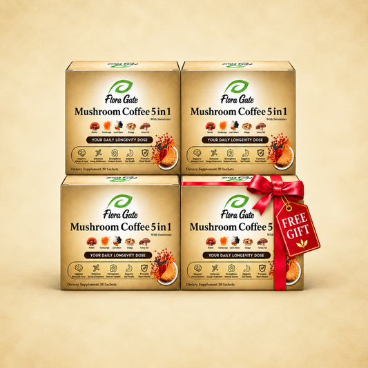 Floragate Mushroom Coffee 5 in 1 Hazelnut 3+1 Bundle 30 Sachets Each Sweetened With Sucralose