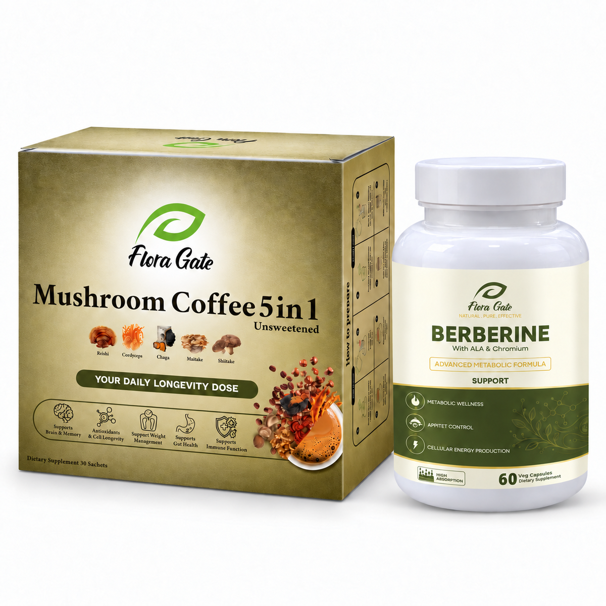Flora Gate Mushroom Coffee 5-in-1 Unsweetened + Berberine with ALA & Chromium Combo — 15% Off