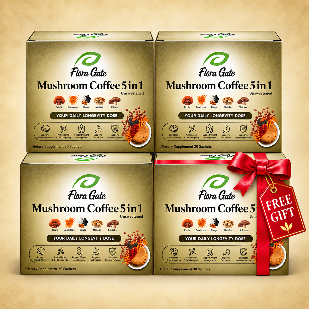 Floragate Mushroom Coffee 5 in 1 Hazelnut 3+1 Bundle 30 Sachets Each Unsweetened Without Sucralose