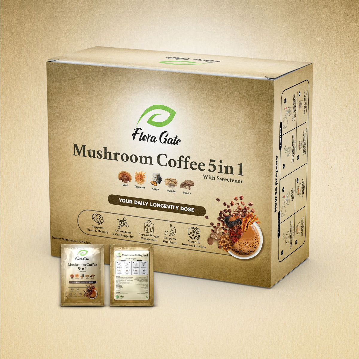 Floragate Mushroom Coffee 5 in 1 Hazelnut 30 Sachets (Sweetened With Sucralose)