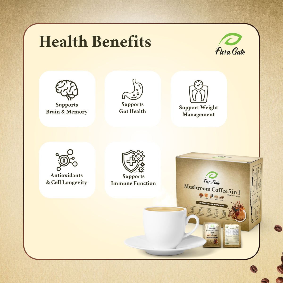 Floragate Mushroom Coffee 5 in 1 Hazelnut 30 Sachets (Sweetened With Sucralose)