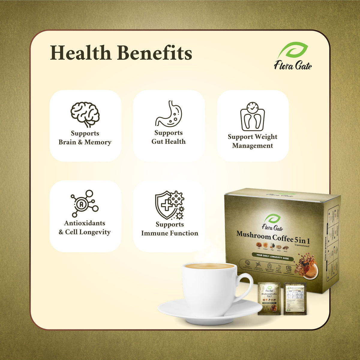 Flora Gate Mushroom Coffee 5 in 1 Hazelnut 30 Sachets (Unsweetened)