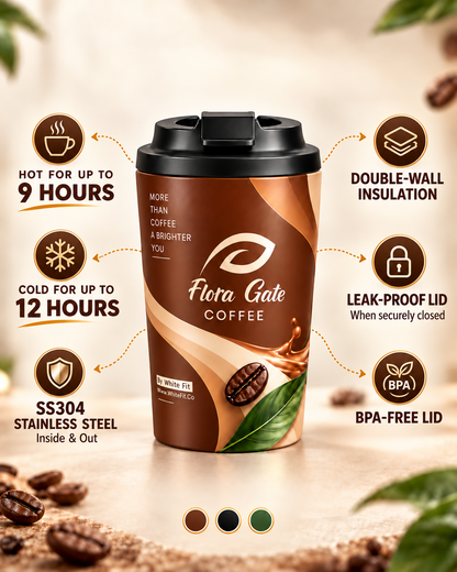 Floragate brown thermal mug features